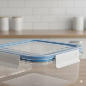 Detailed shot of the secure, air-tight lid and seal on the 2 compartment food containers with lids.