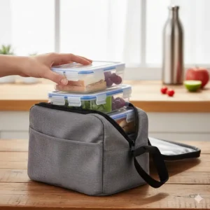 Compact 2 compartment food storage containers fitting neatly inside a reusable lunch bag, ideal as a bento box for work or school.