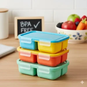 A stack of colorful, reusable, BPA-free 2 compartment snack containers, emphasizing the durable, food-safe plastic construction.