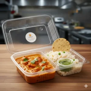 Disposable clear plastic 2 compartment takeout box used by restaurants for takeout and food delivery to keep sauces and sides separate.