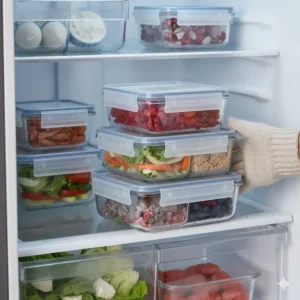 Stack of freezer-safe 2 compartment glass meal prep containers, ideal for long-term meal prepping and storage.