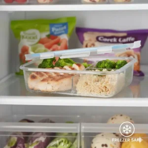 Two compartment meal prep containers labeled as freezer-safe and ready for long-term food prepping.