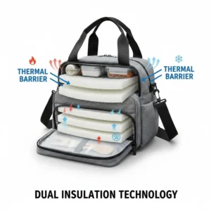 Diagram illustrating the thermal insulation layer used in the 2 compartment lunch bag to maintain temperature for extended hours.