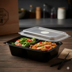 Black disposable 2 compartment container with lid for restaurant takeaway or delivery service.