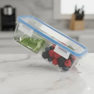 A tilted 2 compartment food containers with a secure, leakproof lid, showing no spillage from separated contents.