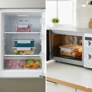 2 compartment food containers with lids being safely used in a microwave or freezer.