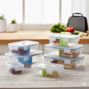 A full set of various sizes of the 2 compartment food storage containers, offering options for snacks, lunches, and full meals.
