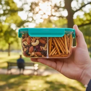 Hand holding the 2 compartment snack container with one compartment filled with trail mix and the other with pretzels, showing its portability.