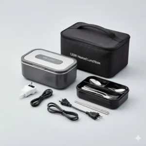 Contents of the set, including the 120W heated lunchbox, stainless steel cutlery, insulated carry bag, and power adapters for UK use.