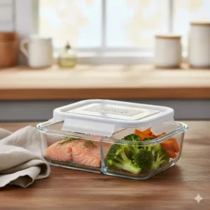 A clear 2 compartment glass meal prep containers filled with a perfectly portioned, healthy lunch like salmon and vegetables.