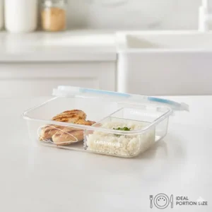 Empty two-section container showing the dimensions of the compartments for ideal portion control and balanced meals.