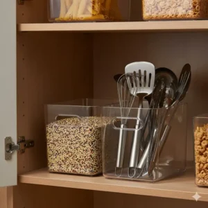 Modular kitchen storage bin with 2 compartments for organizing pantry items like dry goods or utensils, maximizing cabinet space.