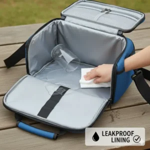 Image showcasing the durable, leakproof lining inside the 2 compartment lunch bag, making it easy to clean spills.