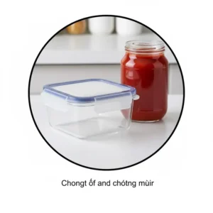A clean, transparent 1 cup glass storage containers next to a jar of colorful sauce, highlighting stain resistance.