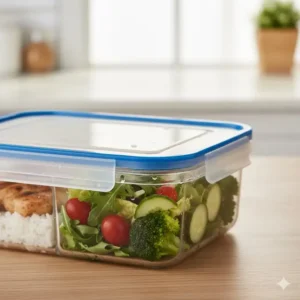 Detail of the leakproof seal on a 2 compartment container with lid, ensuring food separation and freshness.