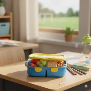 A colorful 2 compartment food containers designed for kids, packed with snacks and fruit for school.