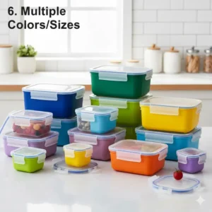 An array of available colors and sizes for the 2 compartment food containers with lids.