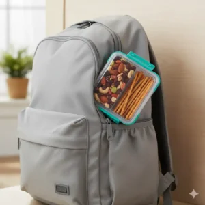 Image illustrating the compact 2 compartment snack container easily fitting into a backpack pocket, emphasizing its travel-friendly design.