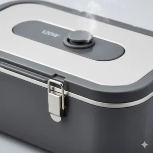 Close-up on the leak-proof seal and secure steam vent of the 120W heated lunch box for mess-free transport.