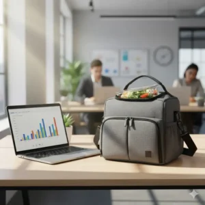 A professional-looking 2 compartment lunch bag for work placed on an office desk next to a laptop.