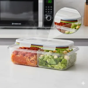 Detail shot highlighting the leak-proof seal of a microwavable 2 compartment container, showing safe separation for reheating different foods.