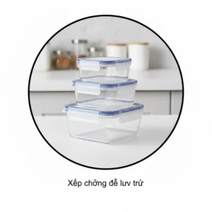 Empty 1 cup glass storage containers and larger containers shown nesting perfectly inside each other for compact kitchen cabinet storage.