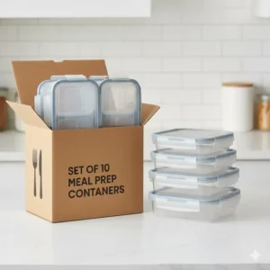 A bulk set of ten two compartment meal prep containers packaged for sale, showing the complete value bundle.