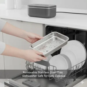 The removable stainless steel tray from the 120W heated lunchbox being easily washed for quick and hygienic cleanup.