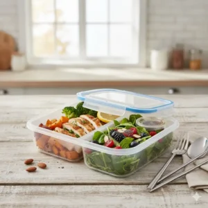 2 compartment container with lid next to a fork and spoon, emphasizing its use as an on-the-go lunch box.