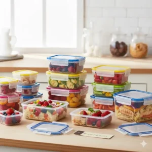 An appealing display of various sizes and colors of 2 compartment food containers, arranged as a comprehensive set.
