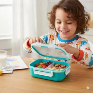 A child opening their 2 compartment food containers with lids used as a snack or lunch box.