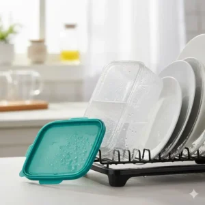 Picture of the 2 compartment snack container disassembled on a drying rack, illustrating its ease of cleaning and dishwasher-safe design.