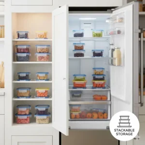 Stacking demonstration showing how the 7 best 1 cup food containers save kitchen space.