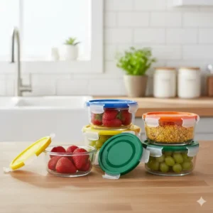 A graphic emphasizing the non-toxic, borosilicate glass material used to create the 1 cup glass storage containers.