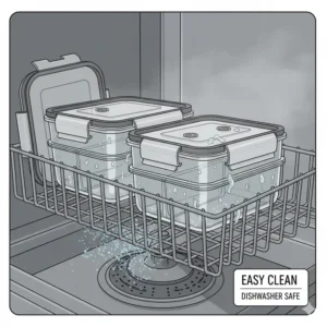 2 compartment glass meal prep containers and their lids in a dishwasher rack, emphasizing their easy cleanup and dishwasher-safe quality.