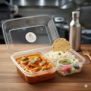 Durable stainless steel 2 compartment container with a metal clasp, a reusable and long-lasting choice for zero-waste lunches.