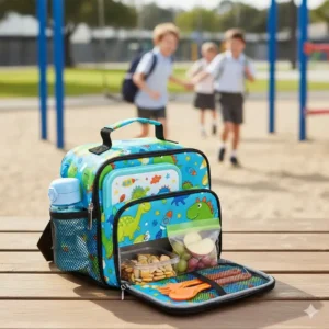 A colorful, durable kids 2 compartment lunch bag designed for school lunches and field trips.