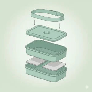 Diagram showing how the two stacked containers and lid of the 2 tier bento lunch box fit together.