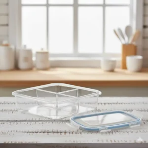 Empty view of the durable 3 compartment container with lid showing internal portion sizes.