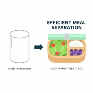An illustration comparing a single-compartment lunch container with the efficient, sectioned design of a 3 compartment bento box for better meal separation.