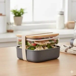 Detailed view of the 2 layer lunch box separated to show the deep, sealed compartments.