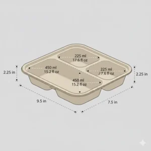 Technical diagram showing the specific size and capacity of 3 compartment food containers disposable.