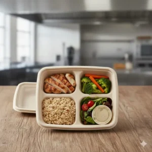 Healthy lunch packed inside a sturdy 3 compartment bento box disposable, showing the separation of main dish and side portions.