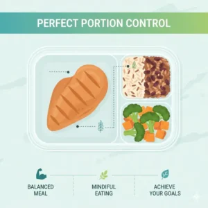 An educational graphic showing how to use 3 compartment containers for effective portion control and meal planning.