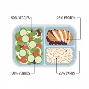 Illustration showing portion control benefits using a 3 compartment lunch box for meal planning.