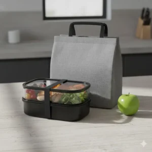 Image illustrating the compact and practical size of the 2 tier bento box, easily fitting into a standard lunch bag.