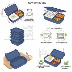 Diagram showing the exact dimensions and optimized size of the 3 compartment bento container, highlighting its compact design for school or office bags.