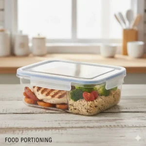 Healthy lunch packed inside the 3 compartment container with lid, highlighting food separation.