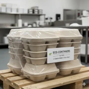 A large, bulk pack of commercial grade 3 compartment bento box disposable containers, ideal for restaurant and catering use.