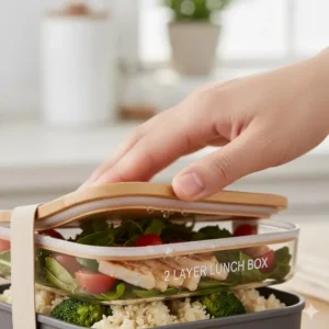 Close-up of the secure, leak-proof lid system on the 2 layer lunch box to keep food fresh.